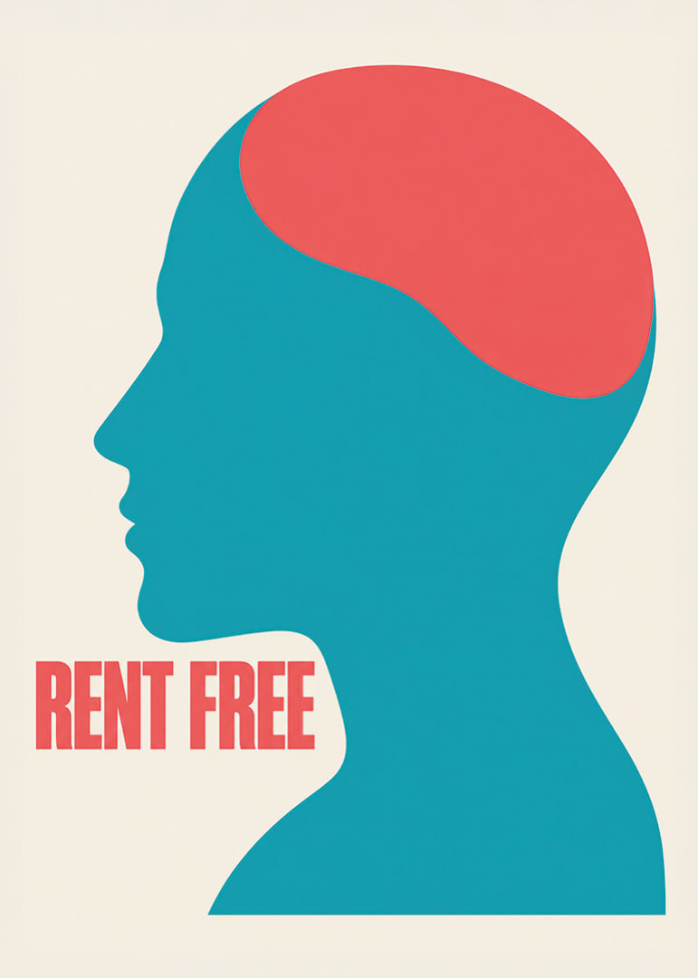 Graphic silhouette in turquoise and red with the message RENT FREE and a free feeling.-12