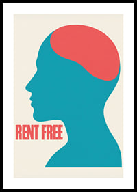 Graphic silhouette in turquoise and red with the message RENT FREE and a free feeling.-0