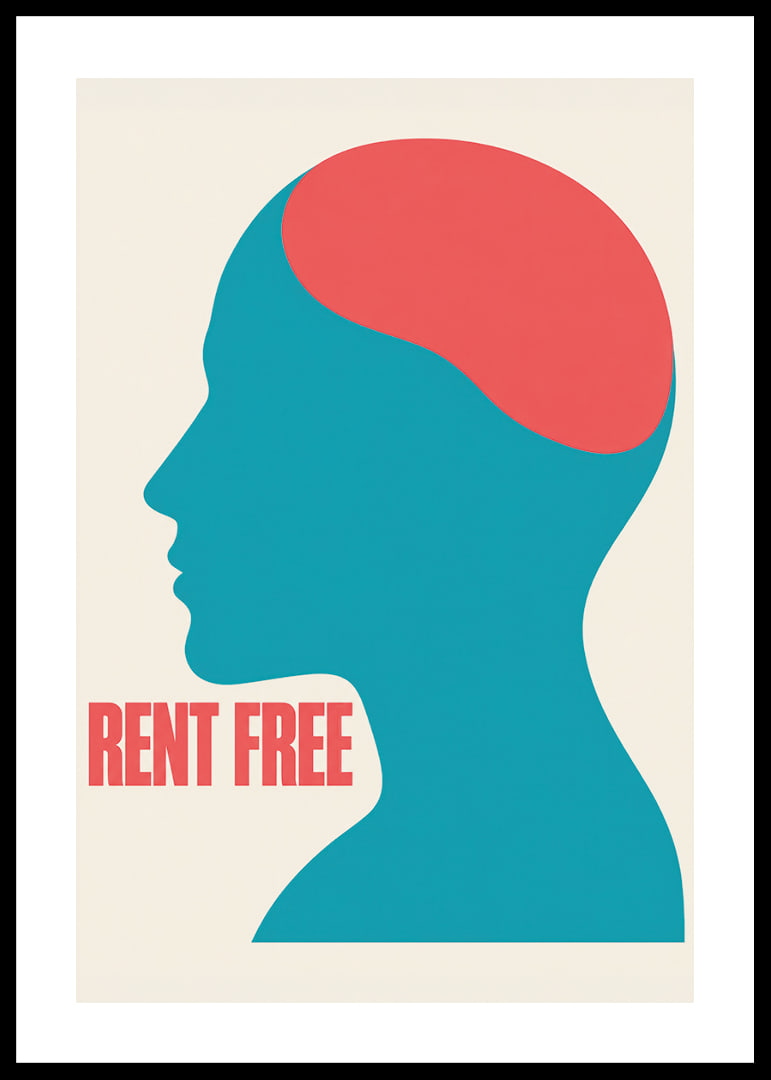 Graphic silhouette in turquoise and red with the message RENT FREE and a free feeling.-12
