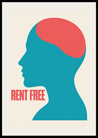 Graphic silhouette in turquoise and red with the message RENT FREE and a free feeling.-2