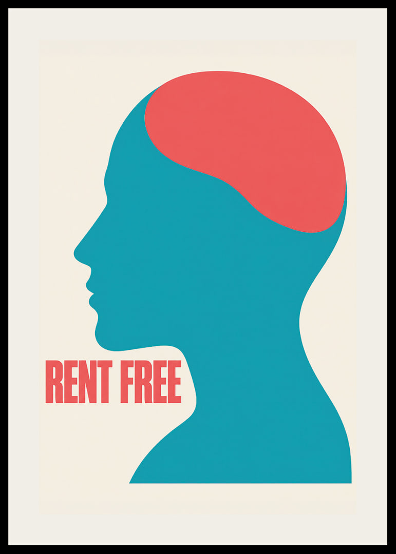 Graphic silhouette in turquoise and red with the message RENT FREE and a free feeling.-12