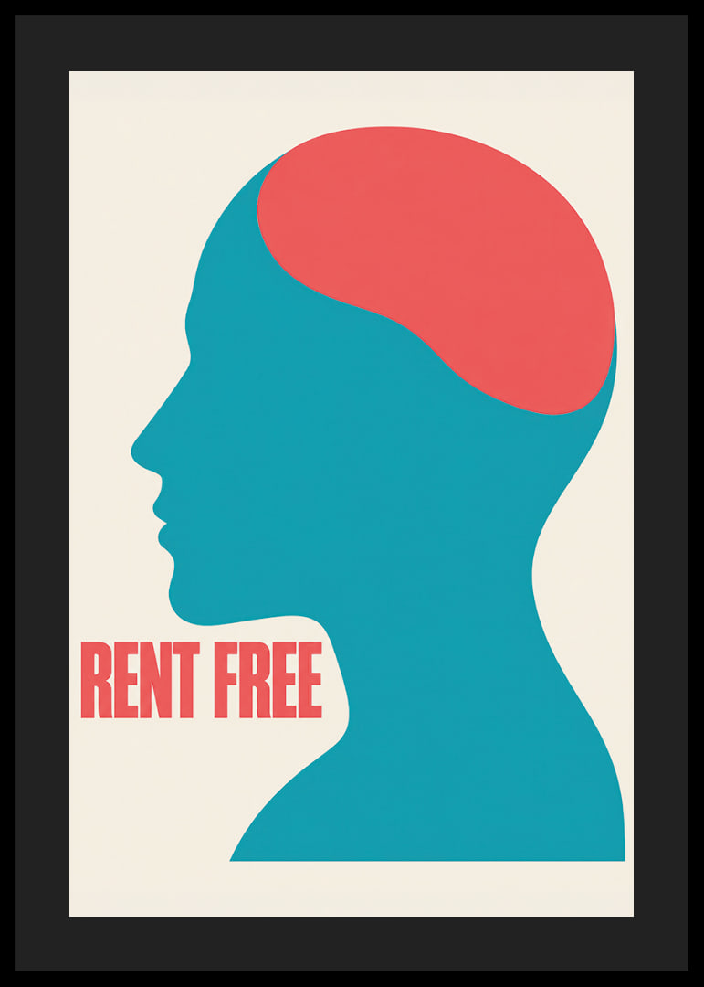 Graphic silhouette in turquoise and red with the message RENT FREE and a free feeling.-12