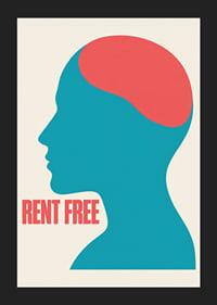 Graphic silhouette in turquoise and red with the message RENT FREE and a free feeling.-5