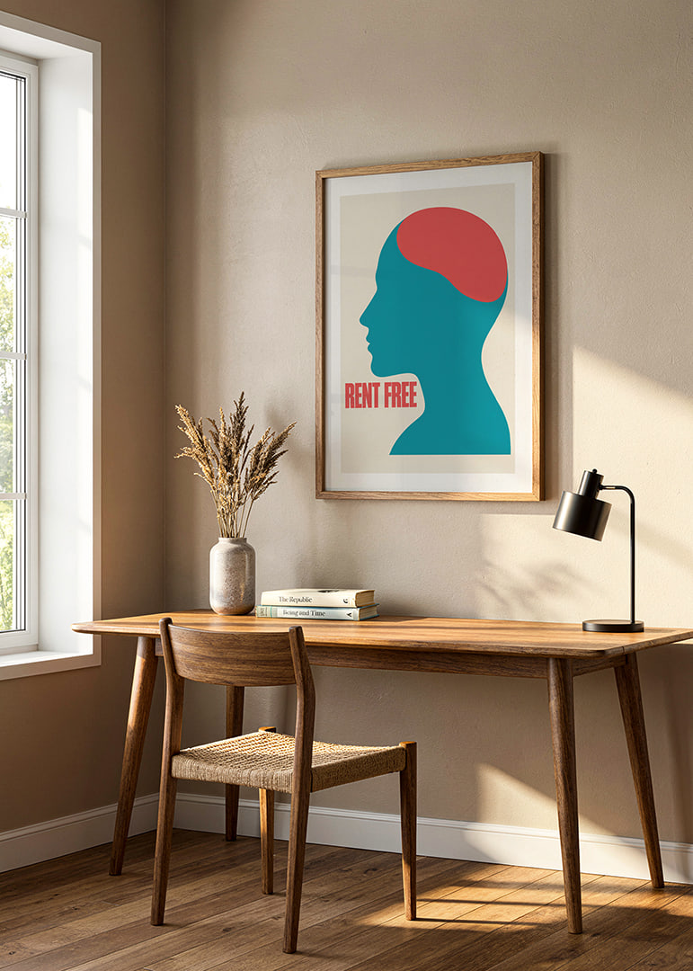 Graphic silhouette in turquoise and red with the message RENT FREE and a free feeling.-12