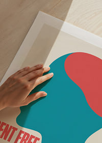 Graphic silhouette in turquoise and red with the message RENT FREE and a free feeling.-9