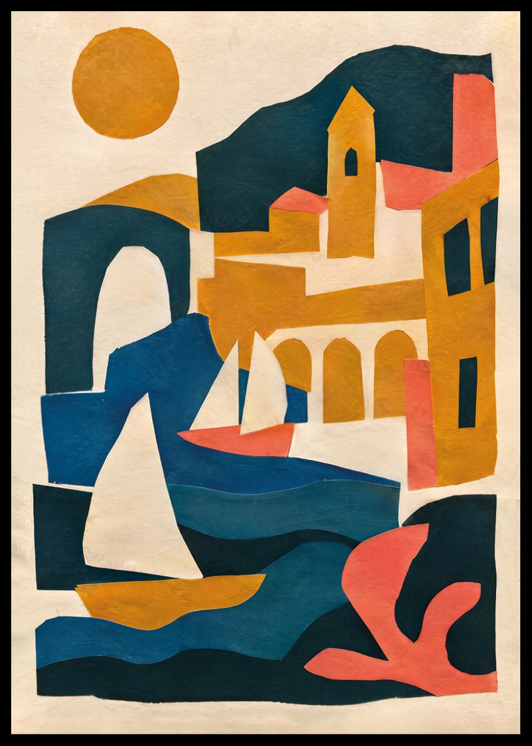 Graphic coastal town with sailboat, arches and warm sun in a collage feel.-12