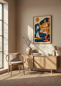 Graphic coastal town with sailboat, arches and warm sun in a collage feel.-2