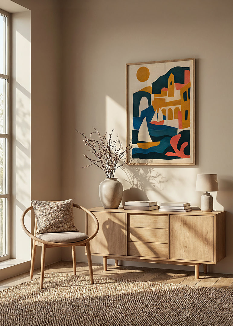 Graphic coastal town with sailboat, arches and warm sun in a collage feel.-12