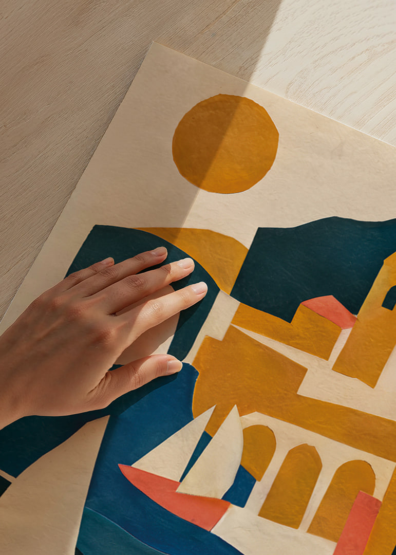 Graphic coastal town with sailboat, arches and warm sun in a collage feel.-12
