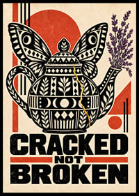 A cracked teapot with butterfly wings and golden repairs symbolizes strength.-0