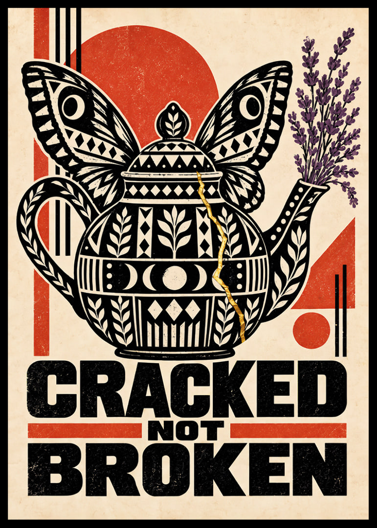 A cracked teapot with butterfly wings and golden repairs symbolizes strength.-12