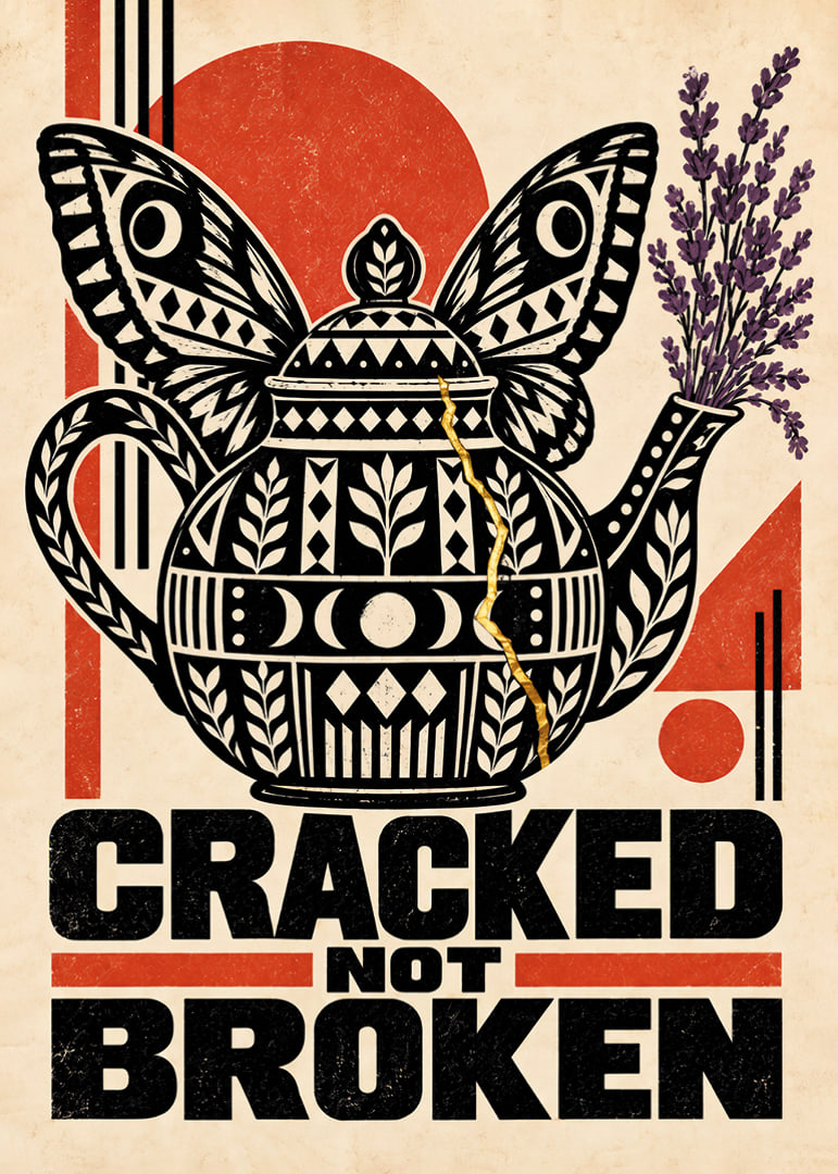 A cracked teapot with butterfly wings and golden repairs symbolizes strength.-12