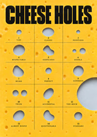 Humorous guide to cheese holes in golden yellow with bold typography.-7