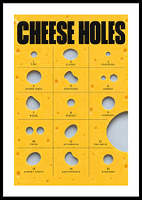 Humorous guide to cheese holes in golden yellow with bold typography.-0