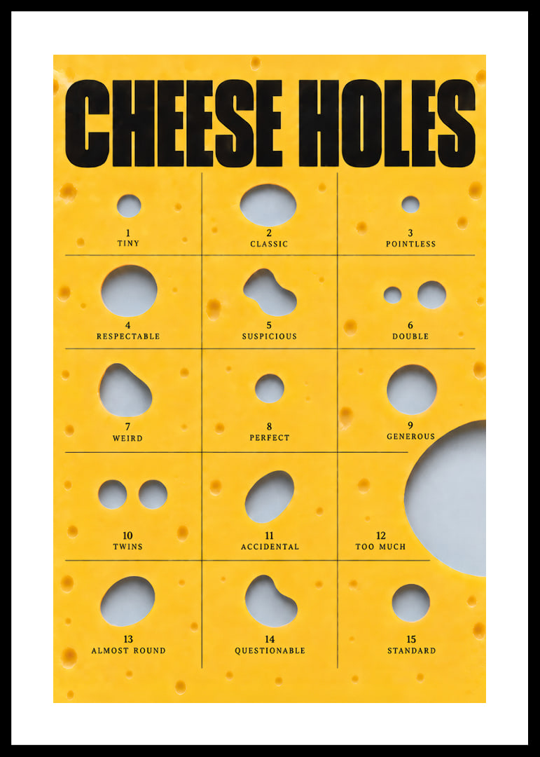 Humorous guide to cheese holes in golden yellow with bold typography.-12