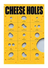Humorous guide to cheese holes in golden yellow with bold typography.-1