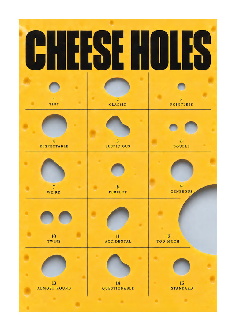 Humorous guide to cheese holes in golden yellow with bold typography.-12