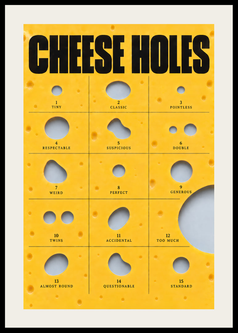 Humorous guide to cheese holes in golden yellow with bold typography.-12