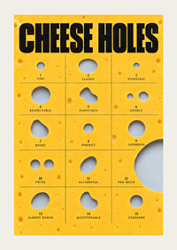 Humorous guide to cheese holes in golden yellow with bold typography.-3