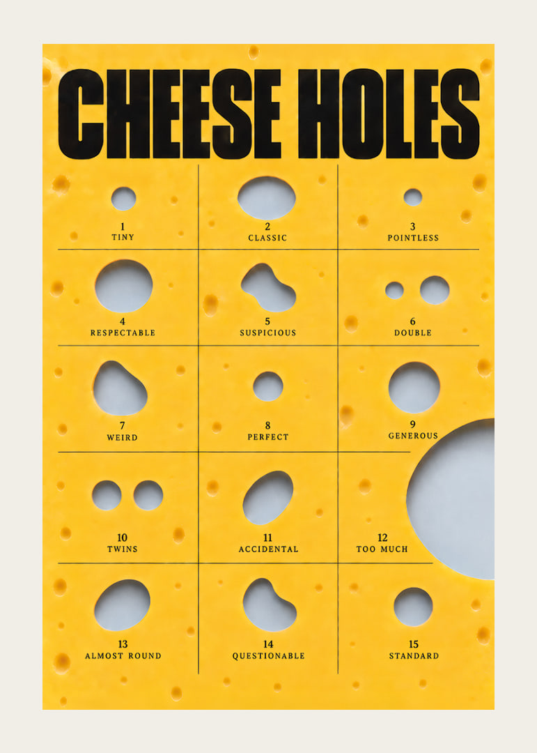 Humorous guide to cheese holes in golden yellow with bold typography.-12