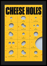 Humorous guide to cheese holes in golden yellow with bold typography.-4