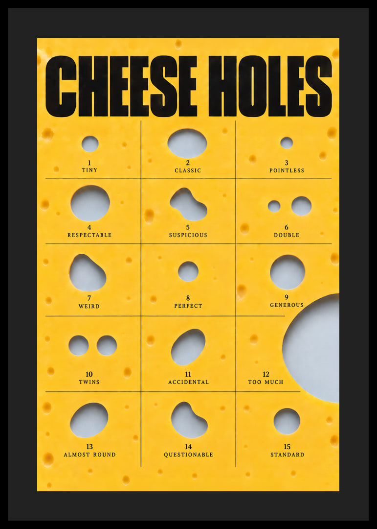 Humorous guide to cheese holes in golden yellow with bold typography.-12