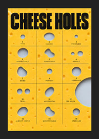 Humorous guide to cheese holes in golden yellow with bold typography.-5
