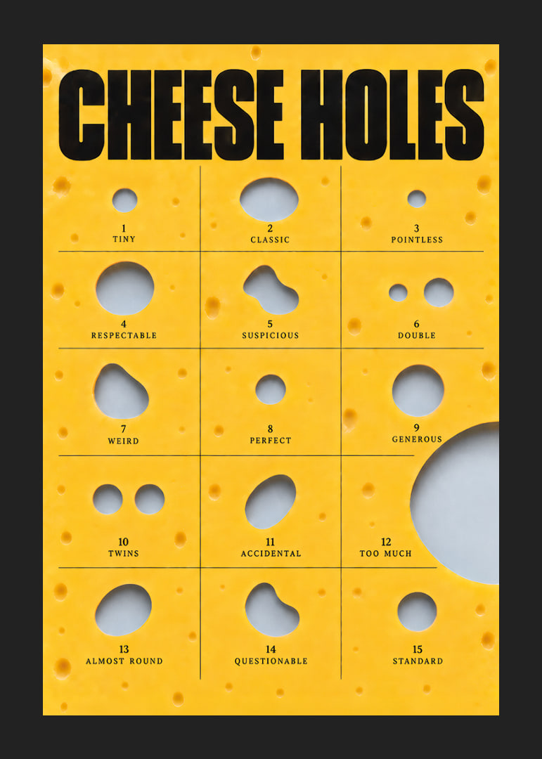 Humorous guide to cheese holes in golden yellow with bold typography.-12