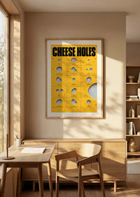 Humorous guide to cheese holes in golden yellow with bold typography.-8