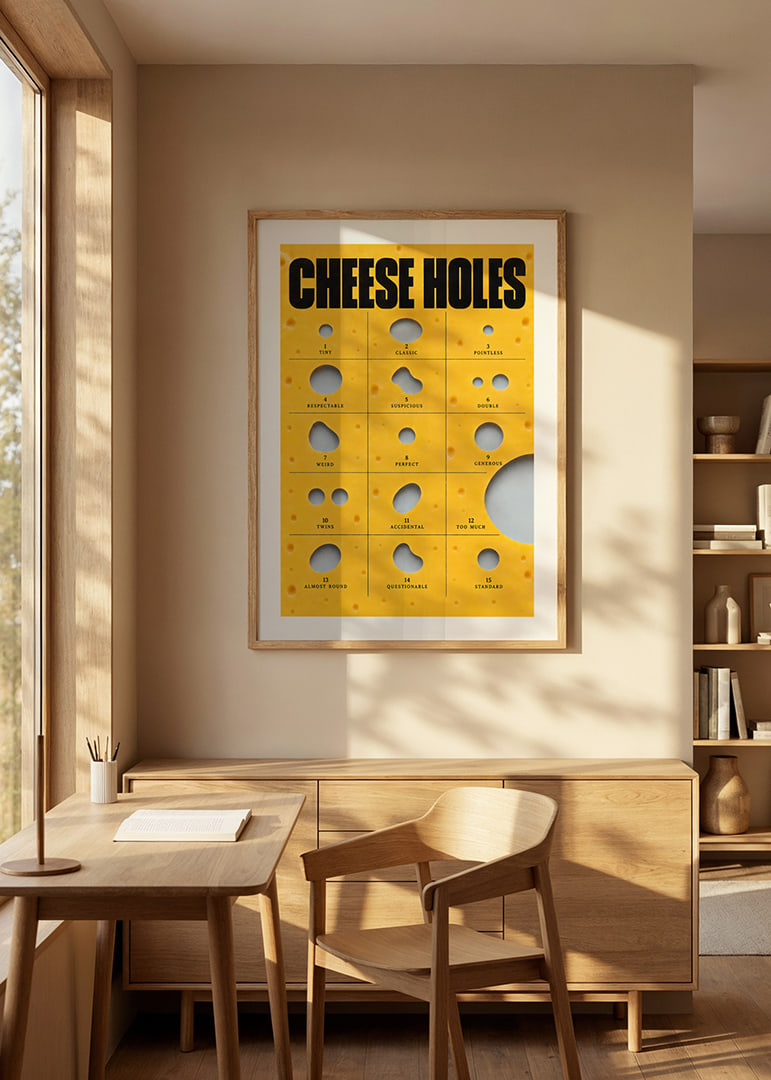 Humorous guide to cheese holes in golden yellow with bold typography.-12