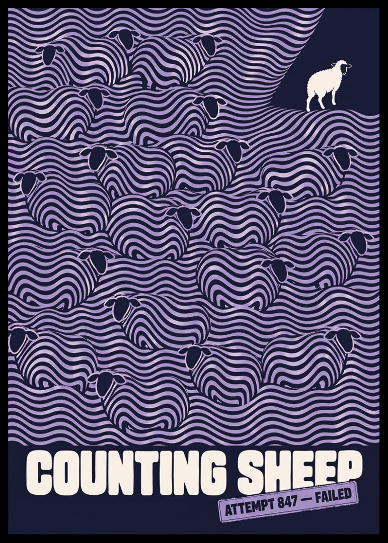 Graphic flock of sheep in wavy lines with a humorous wink to sleepless nights.-12