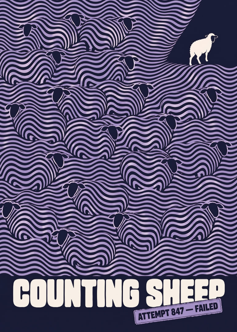 Graphic flock of sheep in wavy lines with a humorous wink to sleepless nights.-12