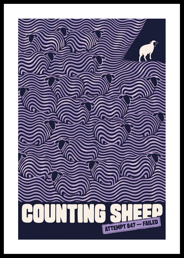 Graphic flock of sheep in wavy lines with a humorous wink to sleepless nights.-12