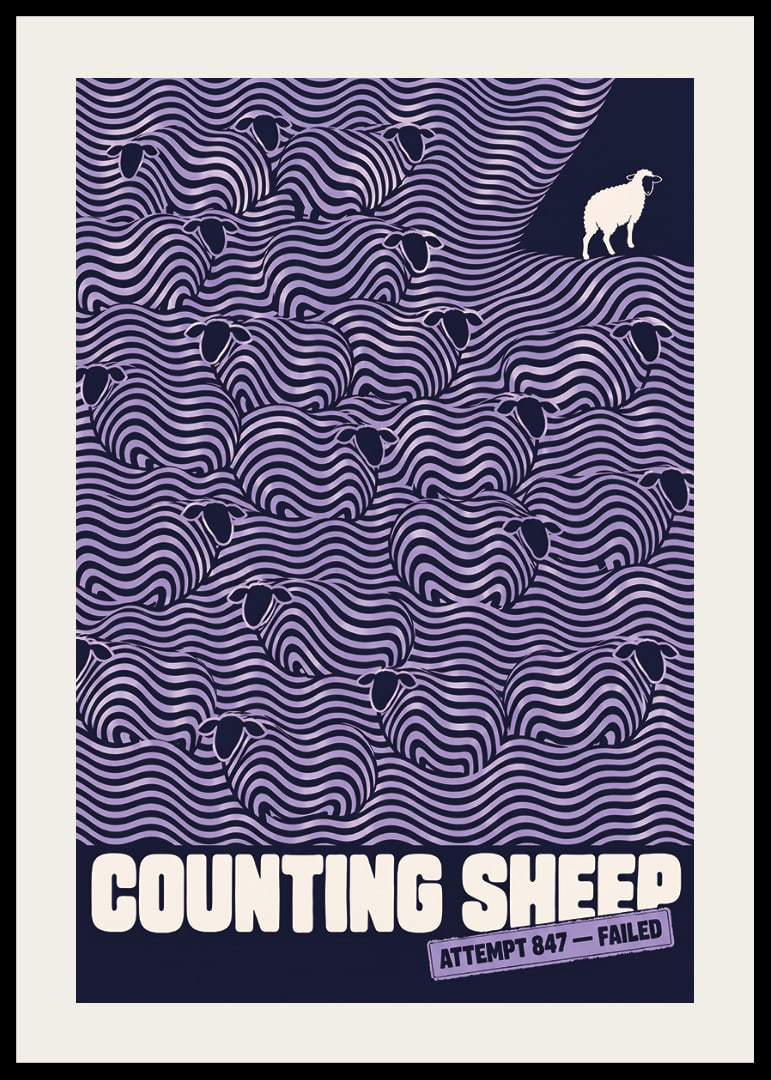 Graphic flock of sheep in wavy lines with a humorous wink to sleepless nights.-12