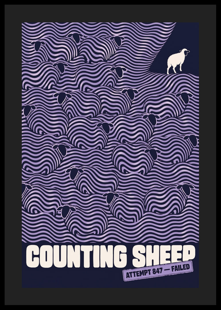 Graphic flock of sheep in wavy lines with a humorous wink to sleepless nights.-12
