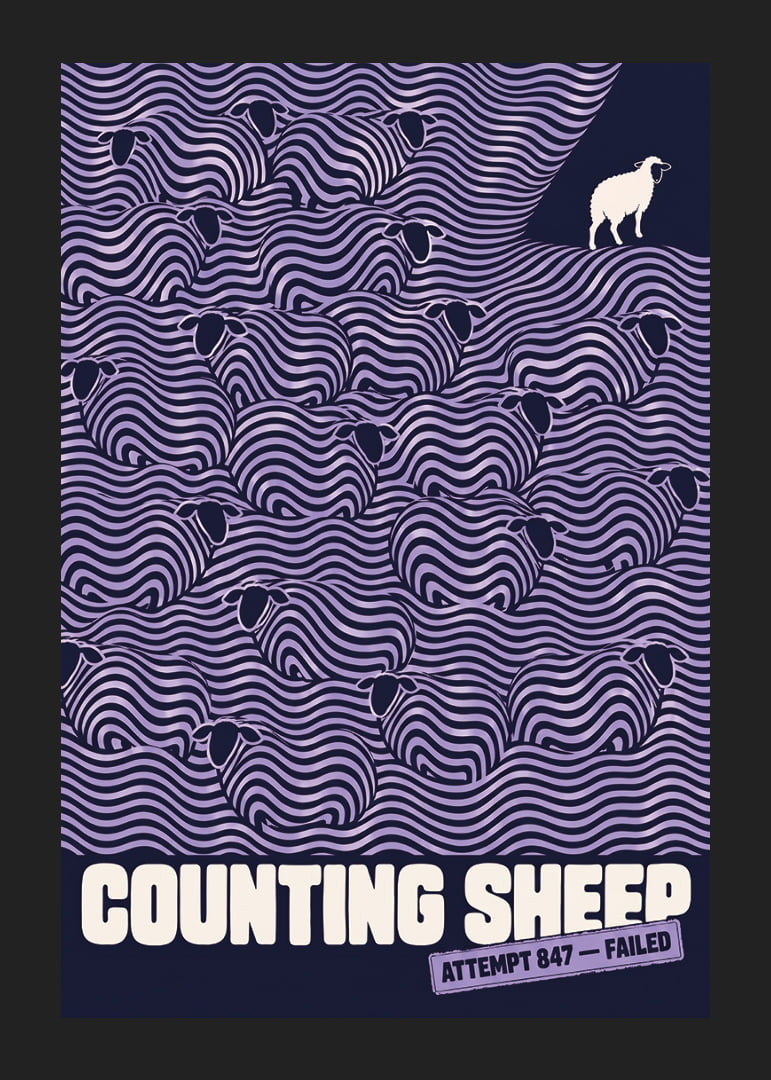 Graphic flock of sheep in wavy lines with a humorous wink to sleepless nights.-12