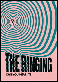 Graphic poster with an ear and hypnotic rings in pink and turquoise.-6