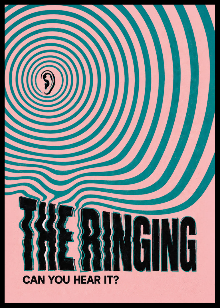 Graphic poster with an ear and hypnotic rings in pink and turquoise.-12