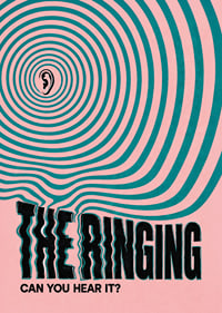 Graphic poster with an ear and hypnotic rings in pink and turquoise.-7