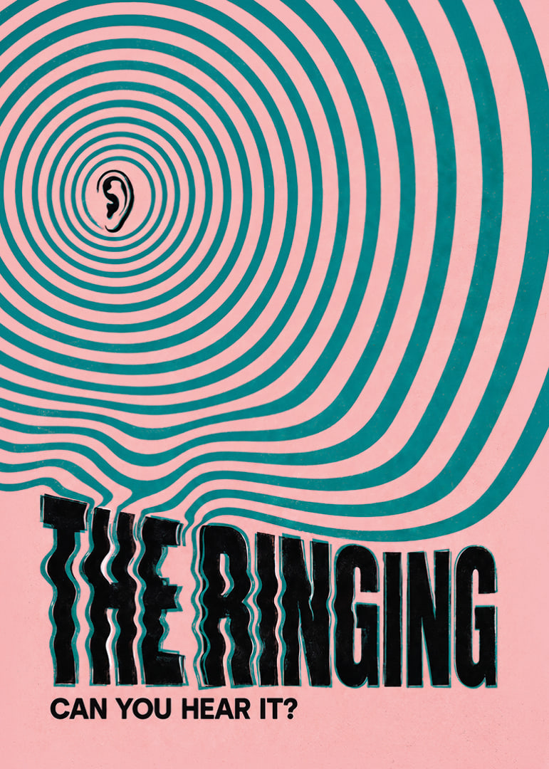 Graphic poster with an ear and hypnotic rings in pink and turquoise.-12