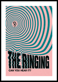 Graphic poster with an ear and hypnotic rings in pink and turquoise.-0