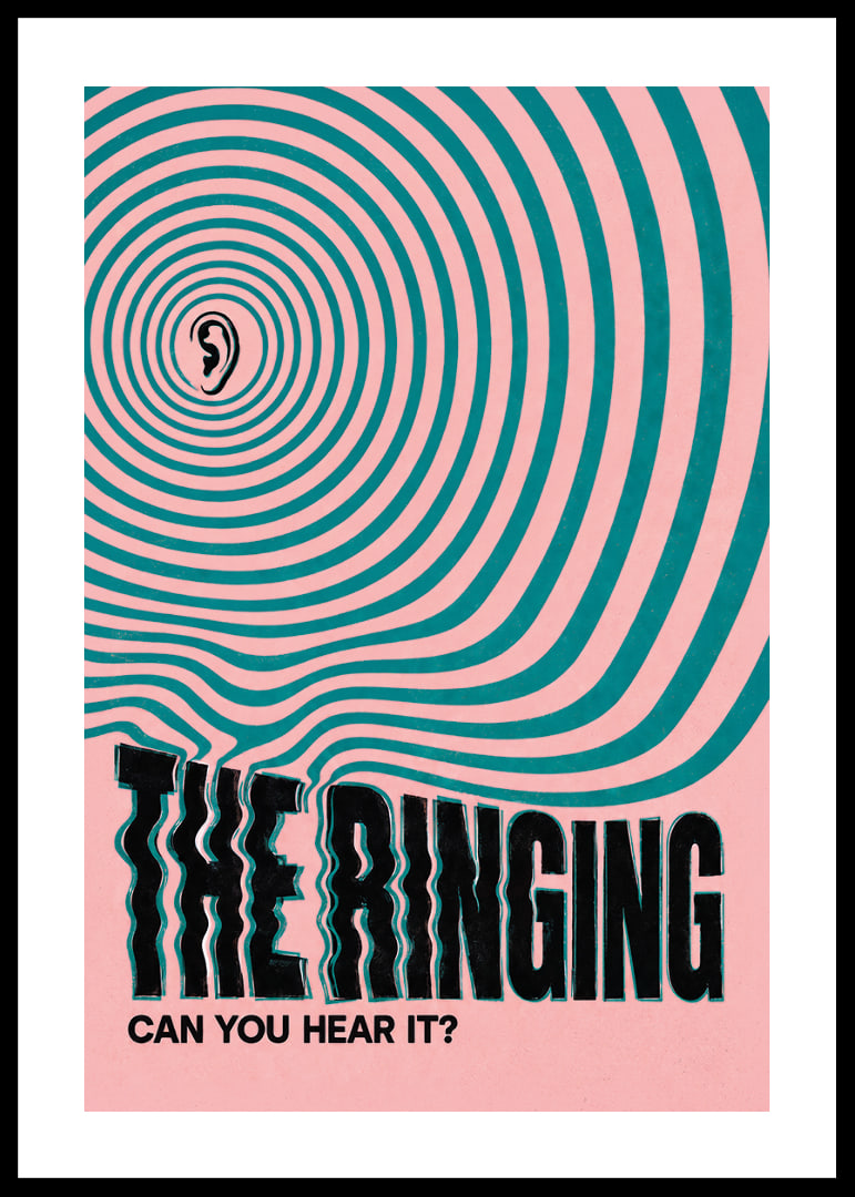 Graphic poster with an ear and hypnotic rings in pink and turquoise.-12