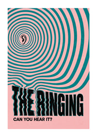 Graphic poster with an ear and hypnotic rings in pink and turquoise.-1