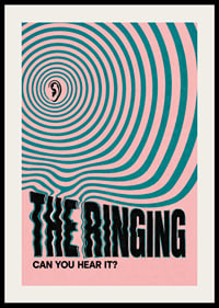 Graphic poster with an ear and hypnotic rings in pink and turquoise.-2