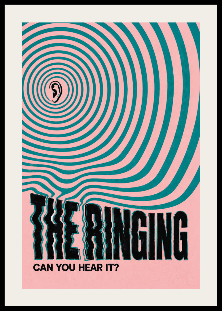 Graphic poster with an ear and hypnotic rings in pink and turquoise.-12