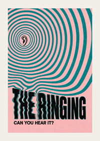 Graphic poster with an ear and hypnotic rings in pink and turquoise.-3