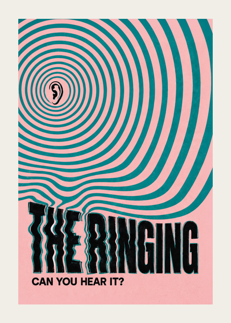 Graphic poster with an ear and hypnotic rings in pink and turquoise.-12