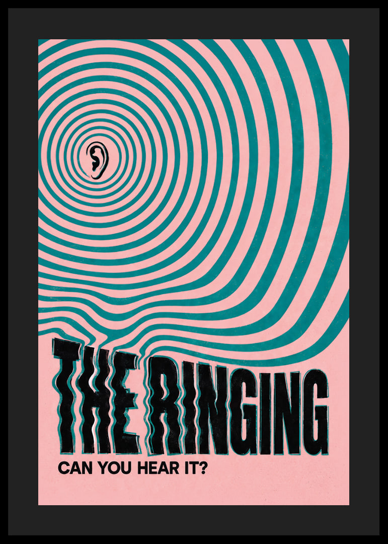 Graphic poster with an ear and hypnotic rings in pink and turquoise.-12