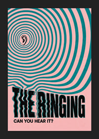 Graphic poster with an ear and hypnotic rings in pink and turquoise.-5