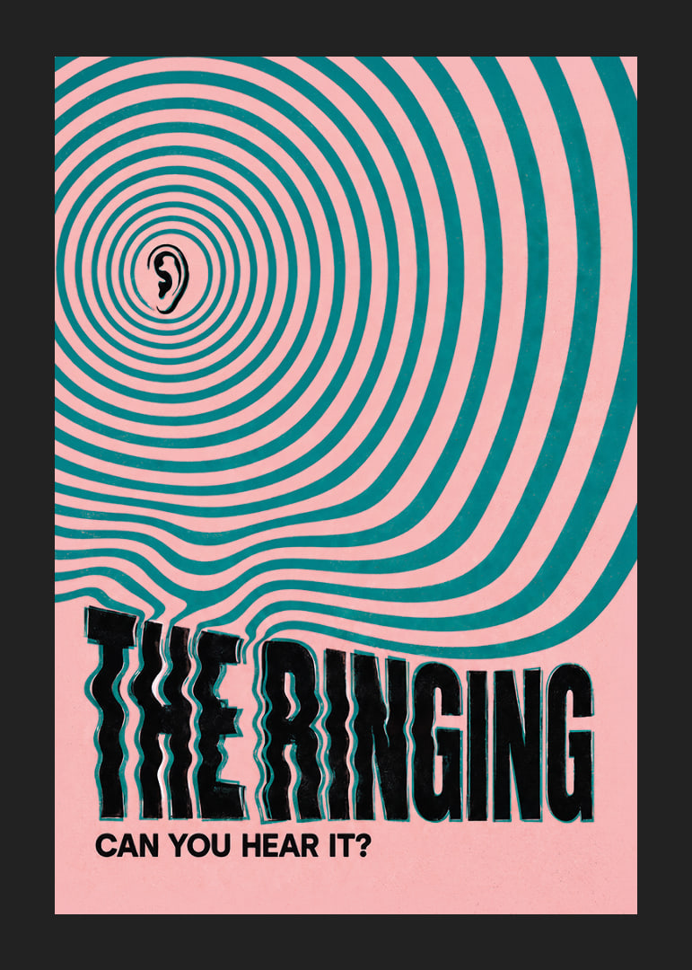 Graphic poster with an ear and hypnotic rings in pink and turquoise.-12